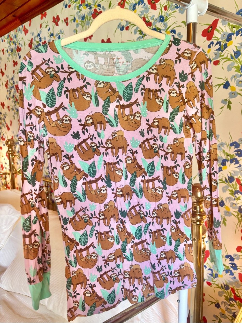 little sleepies sloth bamboo long sleeve pajama top | size 16